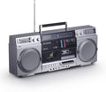 Retro-style portable CD player, featuring tape recording function, Bluetooth 5.0 technology, FM/AM radio, USB/SD/AUX input interfaces, VU meter, LCD display, dual 40-watt speakers - silver