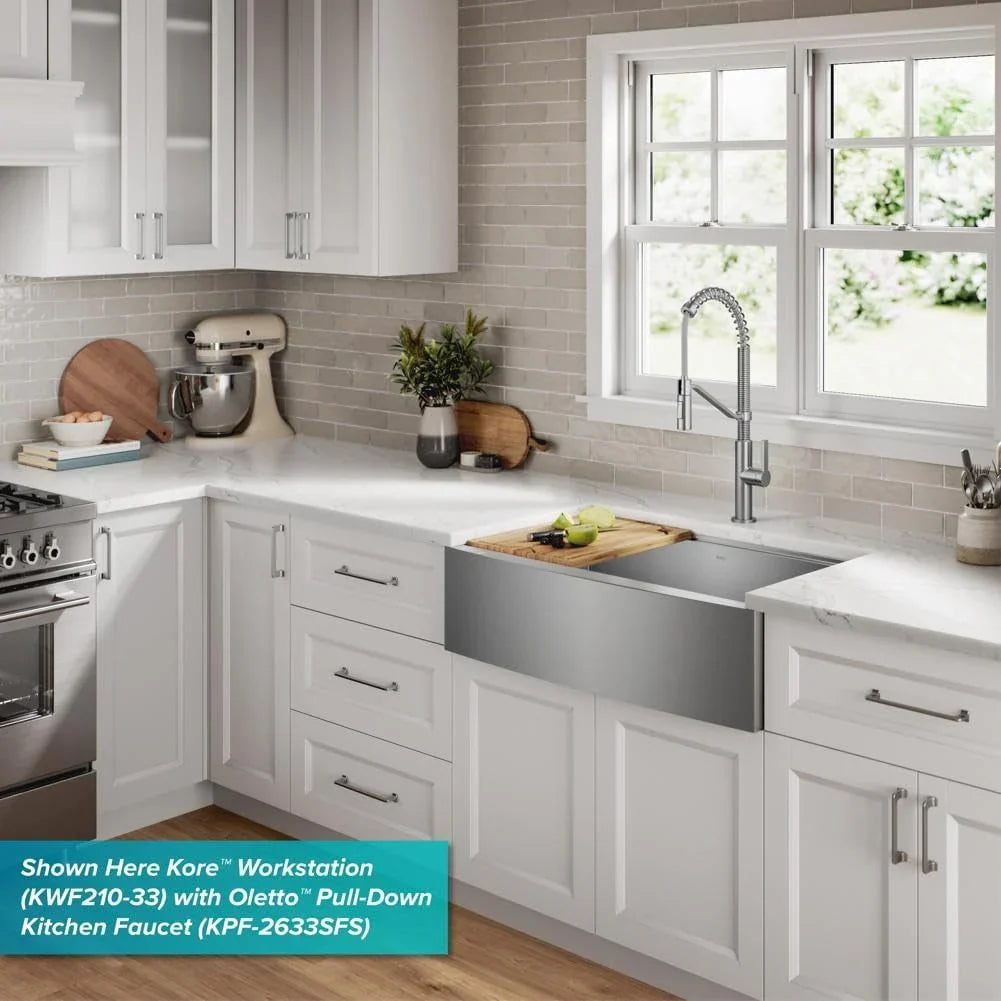 33-inch country-style workstation with built-in sink, dish drying rack, and stainless steel kitchen sink