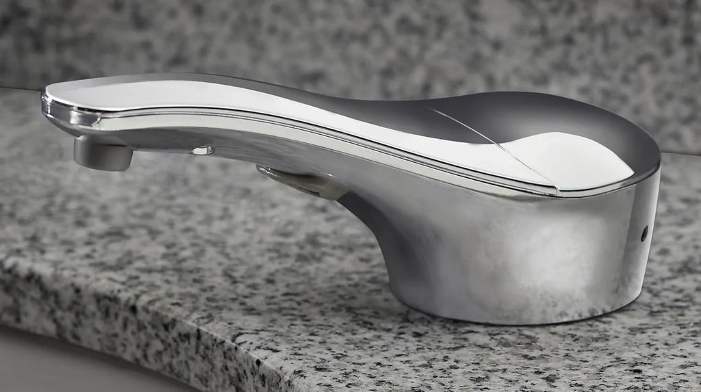 Automatic liquid soap dispenser, with a top-mounted contactless soap nozzle, capacity 34 ounces (1.0 liters), can be placed on the countertop of a public restroom, installation diameter 1-3/8 inches, chrome surface treatment.