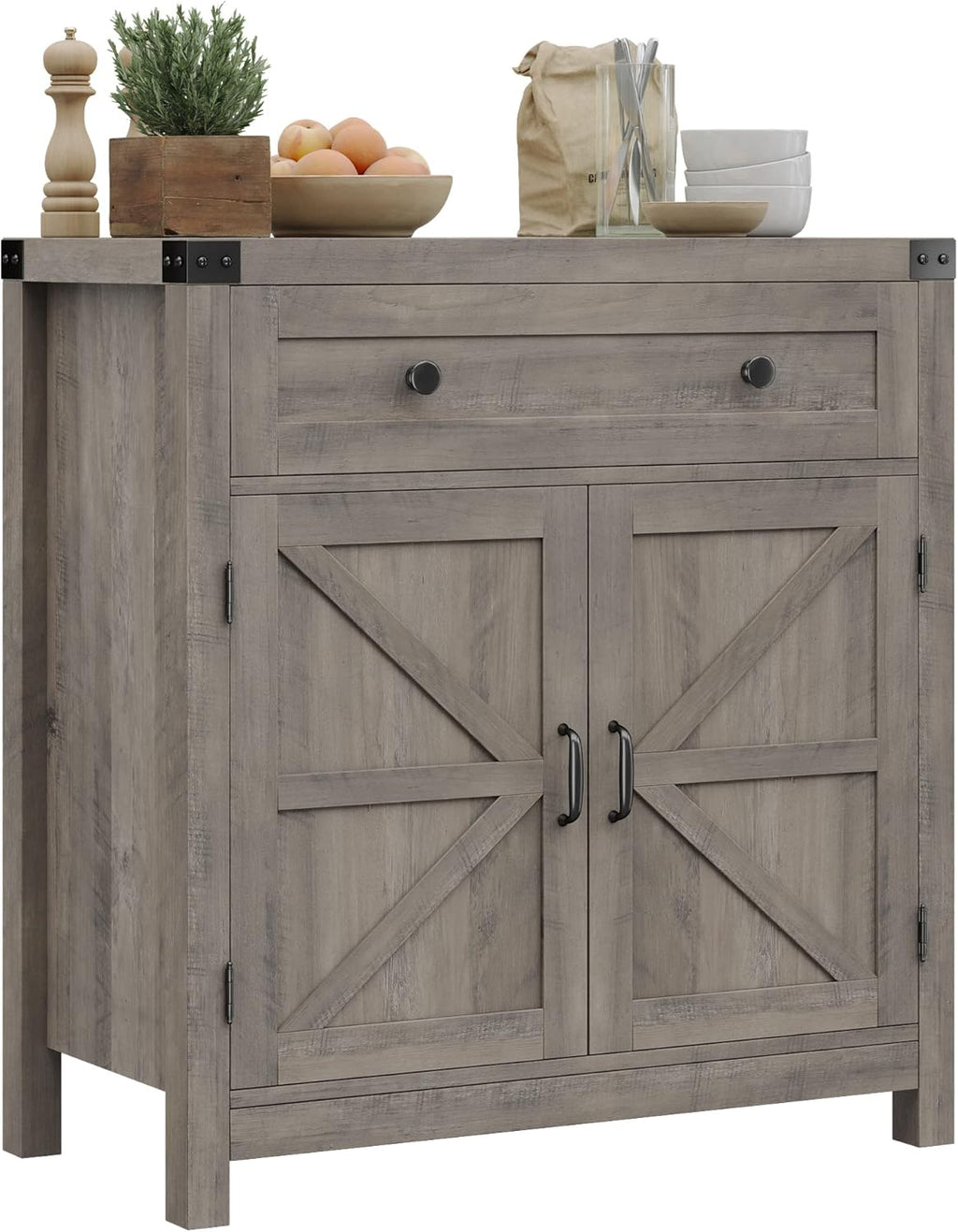 Coffee Bar Cabinet, Kitchen Storage Cabinet, Modern Farmhouse Buffet Sideboard with Drawer and Adjustable Shelf, Barn Door Accent Cabinets for Kitchen, Dining Room, Entryway, White