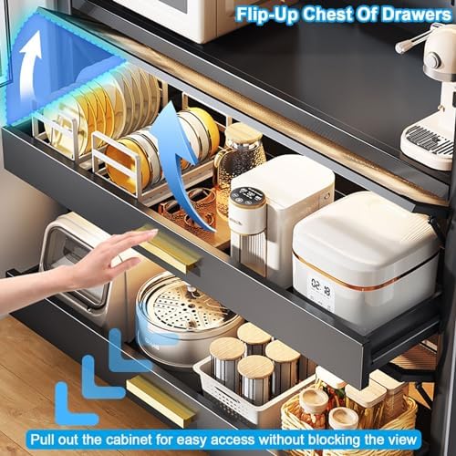 Wall Mounted Pegboard & Microwave Storage Rack - 4/5-Tier Kitchen Baker's Rack with Flip Dual Door Cabinet & Metal Shelves for Small Appliances & Kitchen Organization