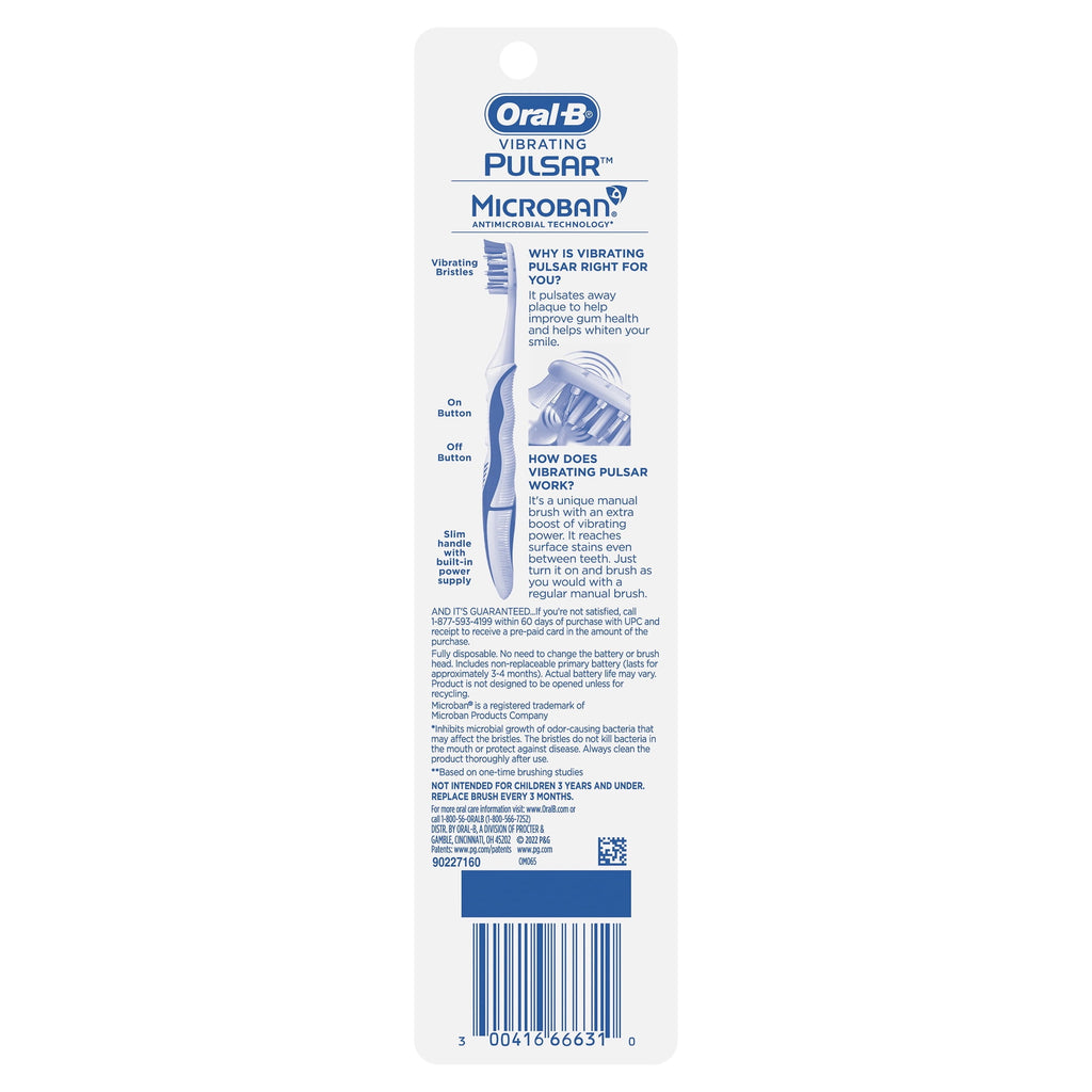 Toothbrush, Vibrating Pulsar Battery Toothbrush, Medium, 1 Count, Adults and Children 3+