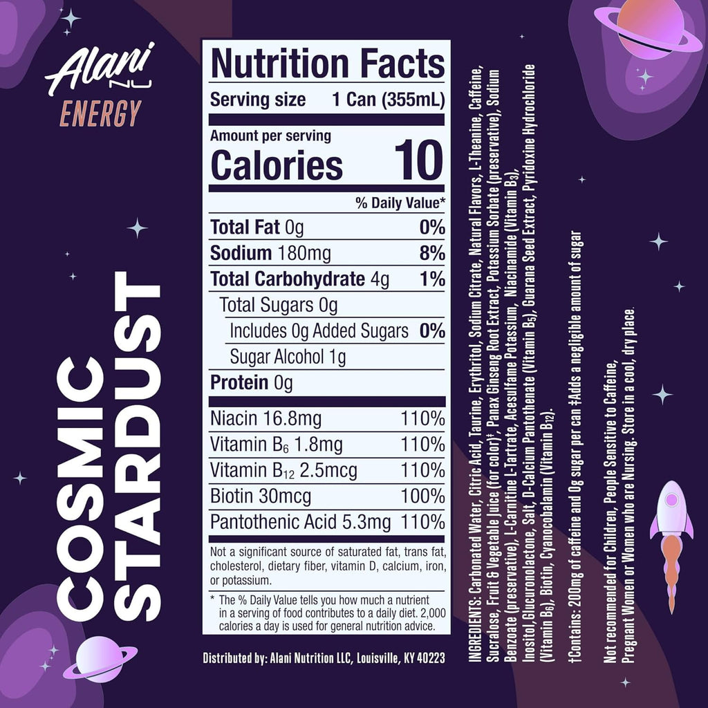 Sugar Free Energy Drink, Cosmic Stardust, 12 fl oz, 6 Pack, Cans, 200mg Caffeine