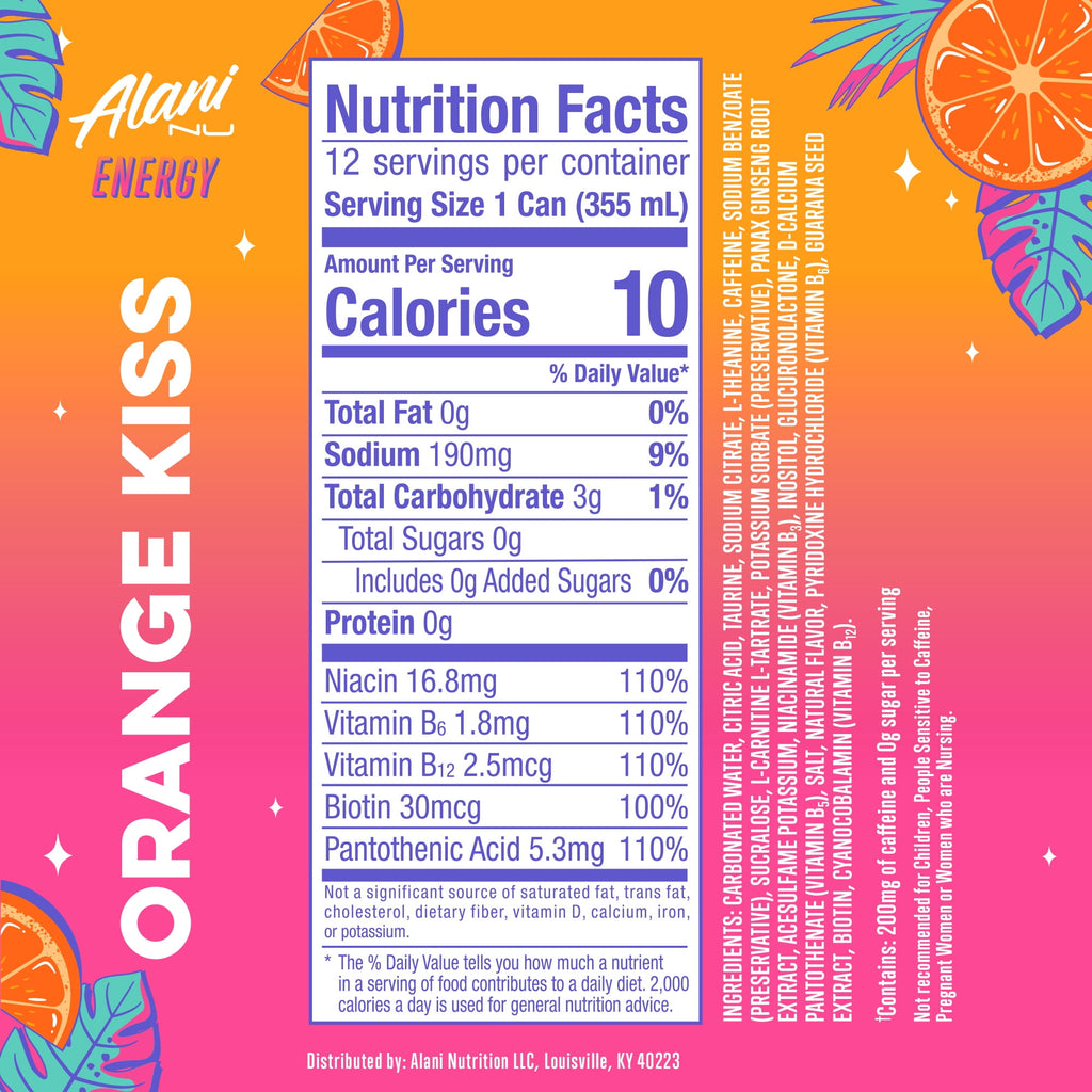 Sugar Free Energy Drink, Orange Kiss, 12 fl oz, 12 Pack, Cans, 200mg Caffeine