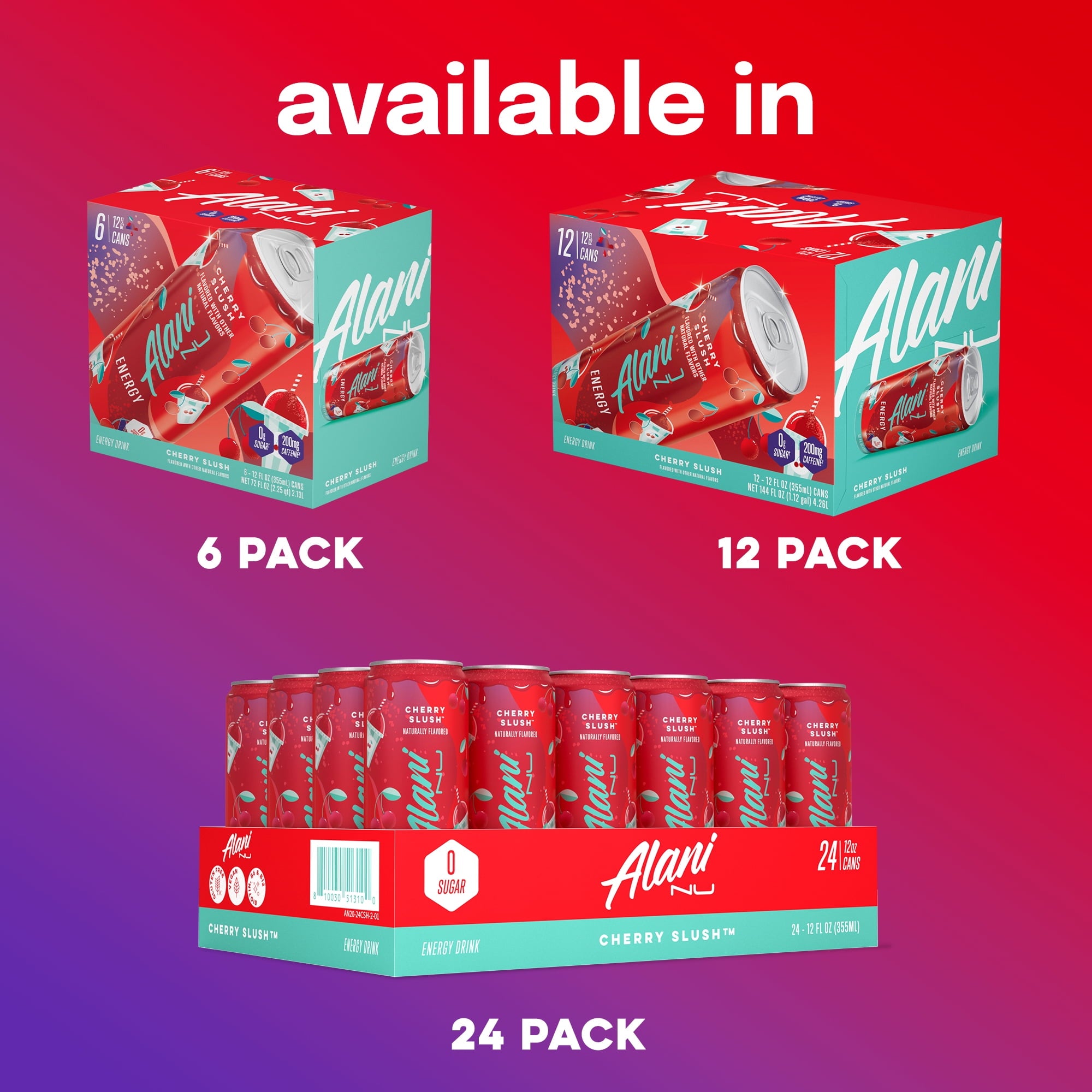 Sugar Free Energy Drink, Cherry Slush, 12 fl oz, 24 Pack, Cans, 200mg Caffeine
