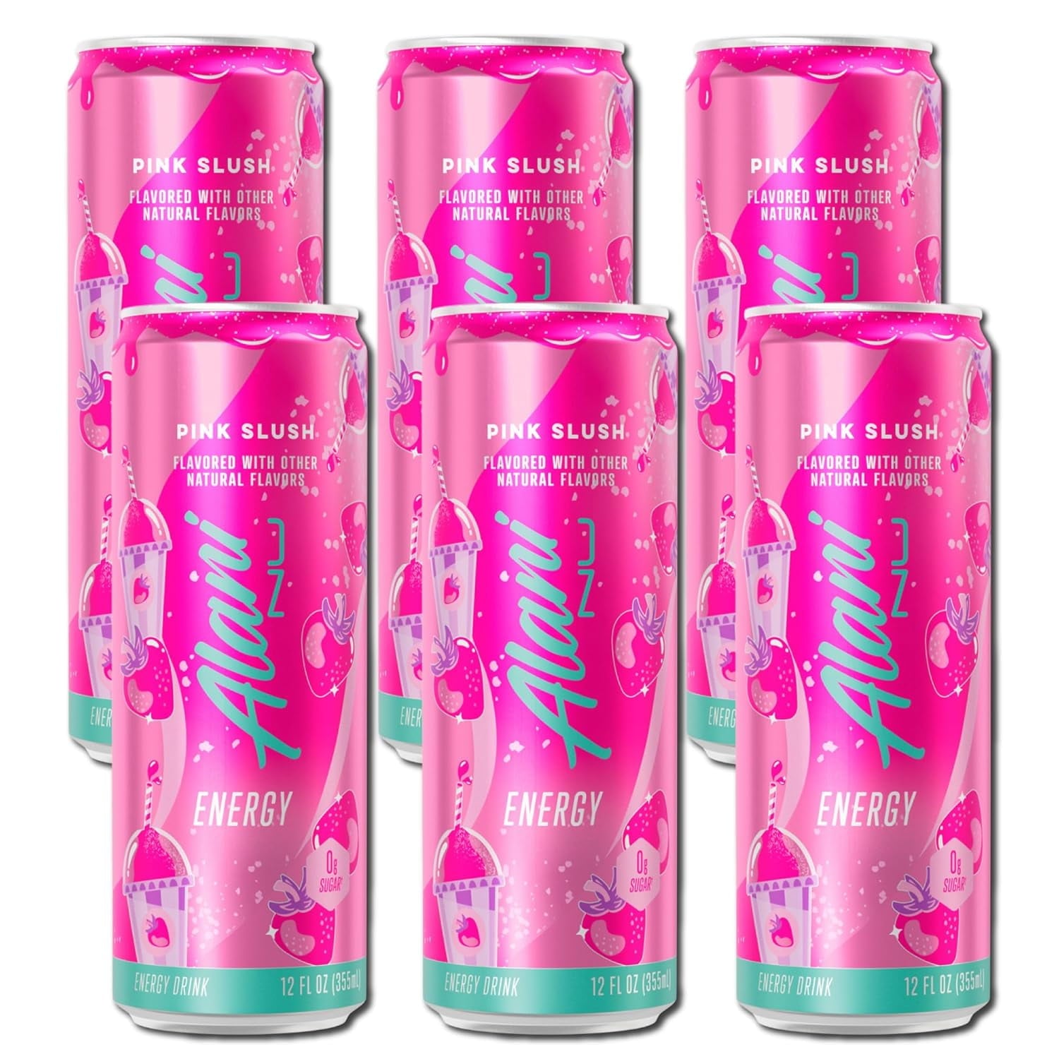 New  Energy Drink, Pink Slush Flavor, Sugar-Free, 12 fl oz Low-Calorie Energy Boost (Pack of 6)