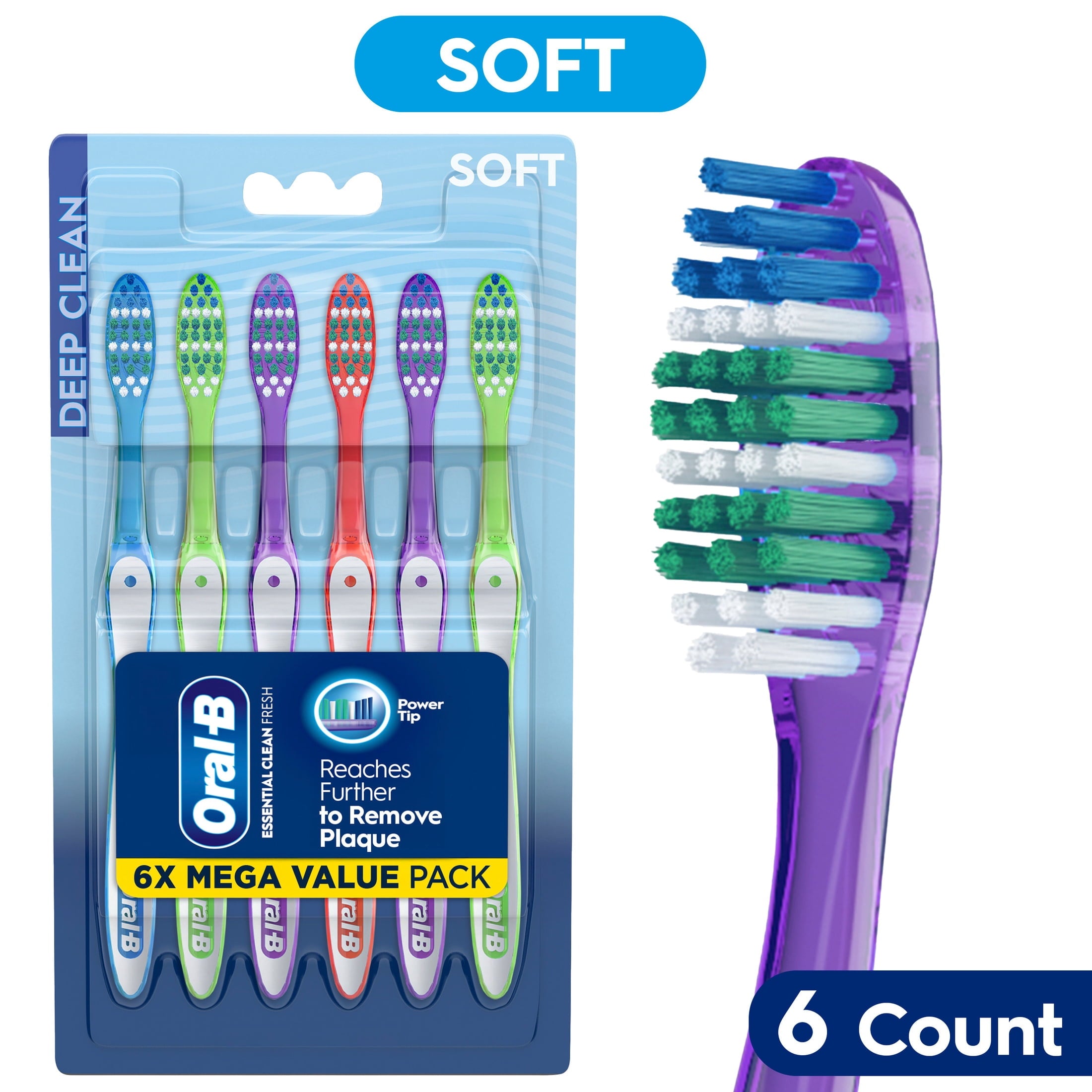 (4 pack)  Toothbrush Pack, Essential Clean Manual Toothbrushes, Soft Bristles, 6 Count