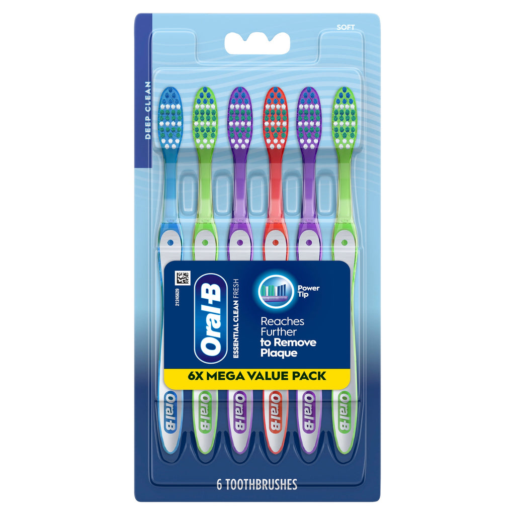 (4 pack)  Toothbrush Pack, Essential Clean Manual Toothbrushes, Soft Bristles, 6 Count