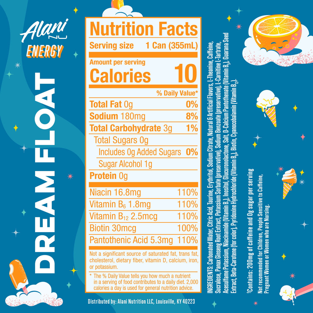Sugar Free Energy Drink, Dream Float, 12 fl oz, 12 Pack, Cans, 200mg Caffeine