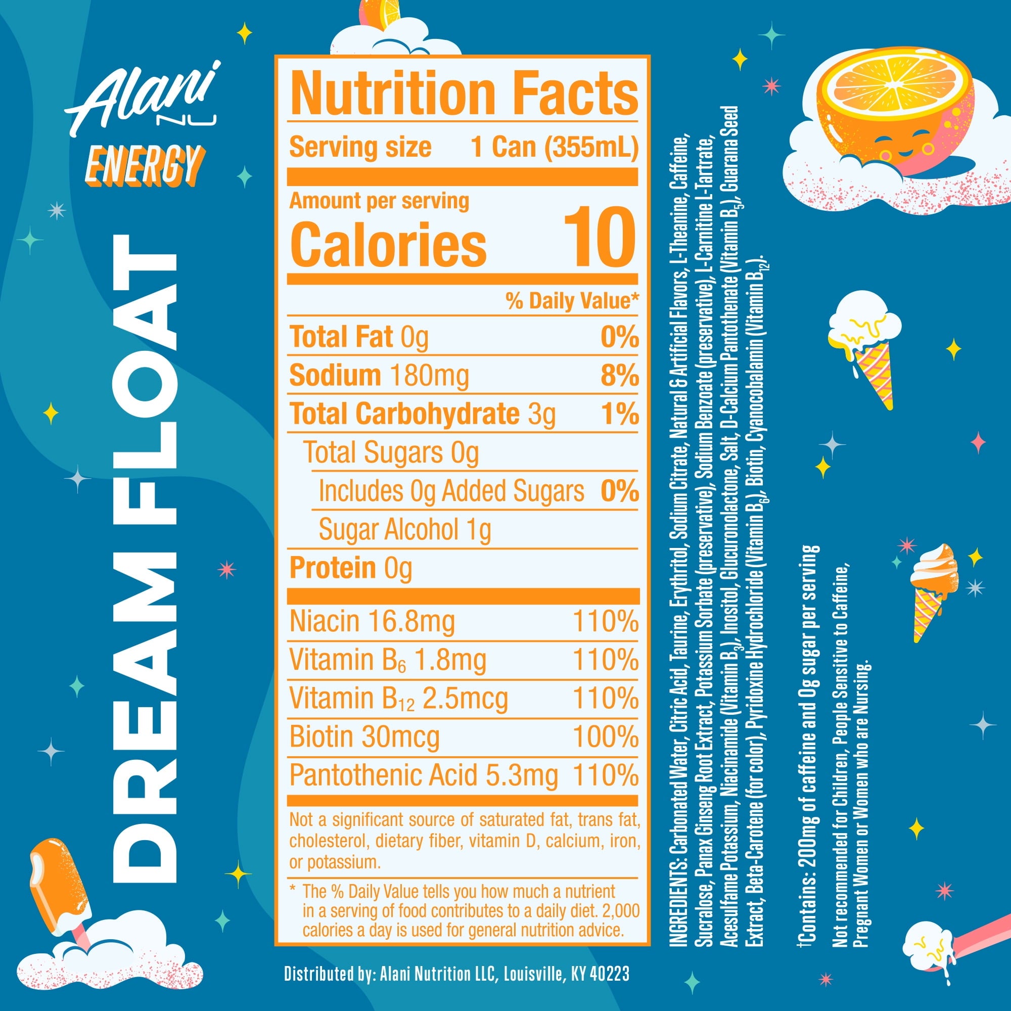 Sugar Free Energy Drink, Dream Float, 12 fl oz, 12 Pack, Cans, 200mg Caffeine