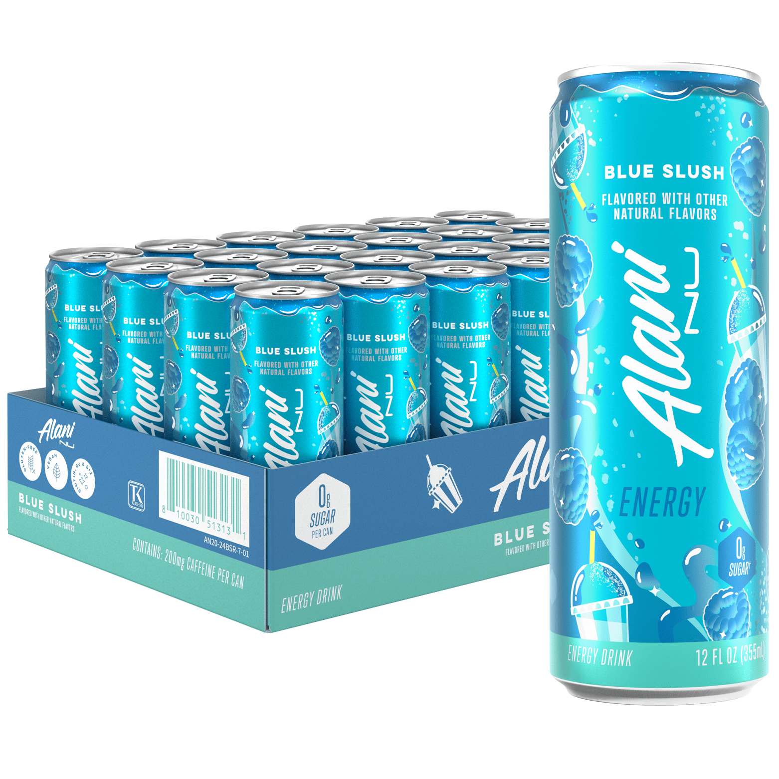Sugar Free Energy Drink, Blue Slush, 12 fl oz, 24 Pack, Cans, 200mg Caffeine