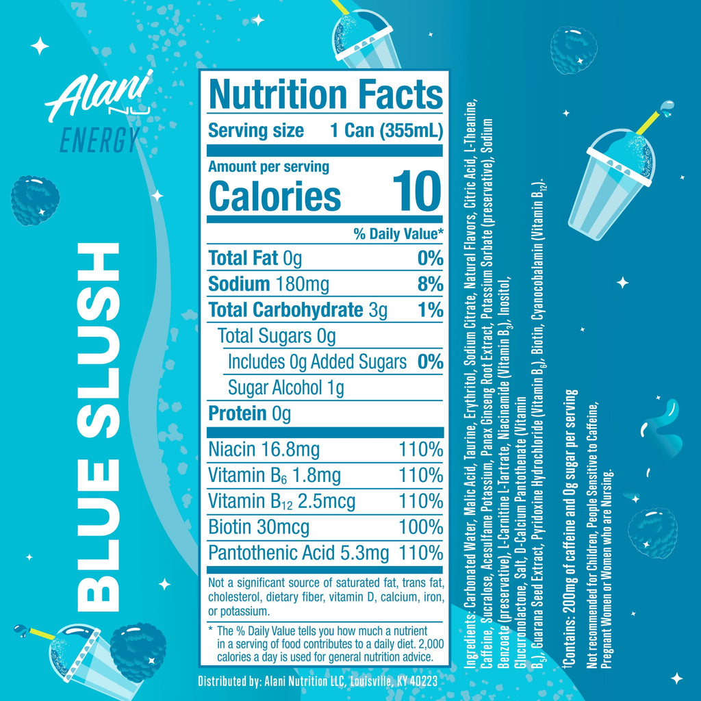 Sugar Free Energy Drink, Blue Slush, 12 fl oz, 24 Pack, Cans, 200mg Caffeine