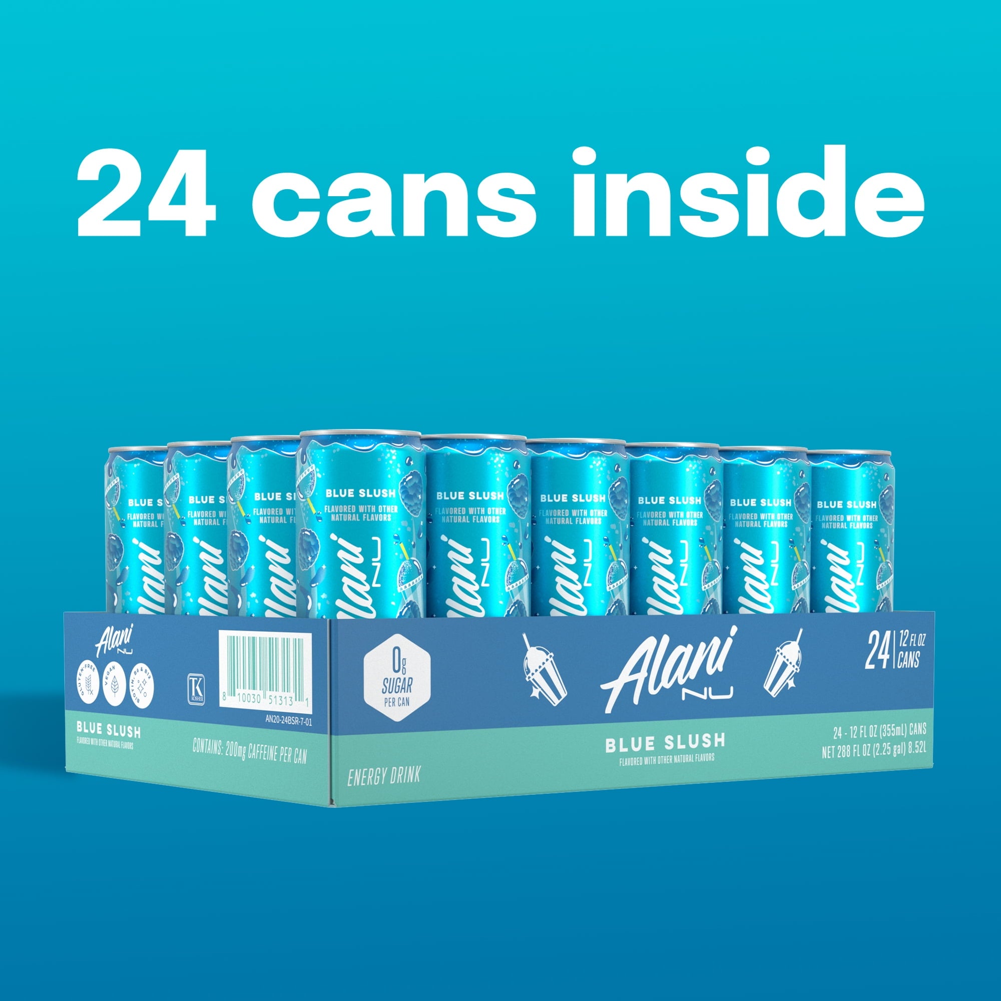 Sugar Free Energy Drink, Blue Slush, 12 fl oz, 24 Pack, Cans, 200mg Caffeine