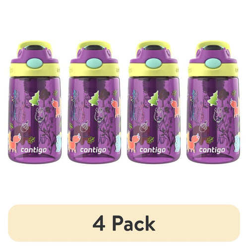 (4 pack) Contigo Kids Water Bottle with Redesigned AUTOSPOUT Straw, 14 oz, Grape Forest Haven