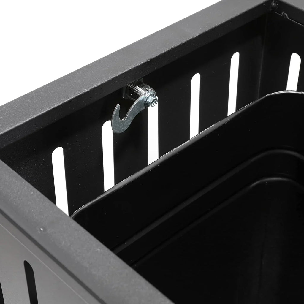 Outdoor trash bin top tray matte black stainless steel commercial waste storage box with lock cover. Heavy-duty industrial garden garage garbage container, dimensions: 35.5 * 15.8 * 15.8 inches.