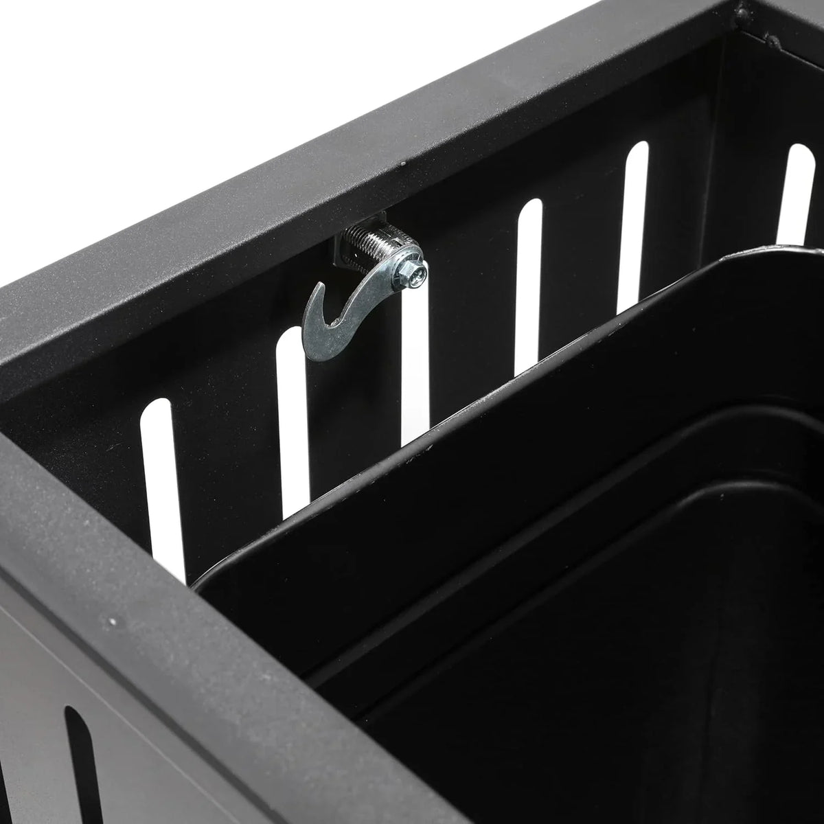 Outdoor trash bin top tray matte black stainless steel commercial waste storage box with lock cover. Heavy-duty industrial garden garage garbage container, dimensions: 35.5 * 15.8 * 15.8 inches.