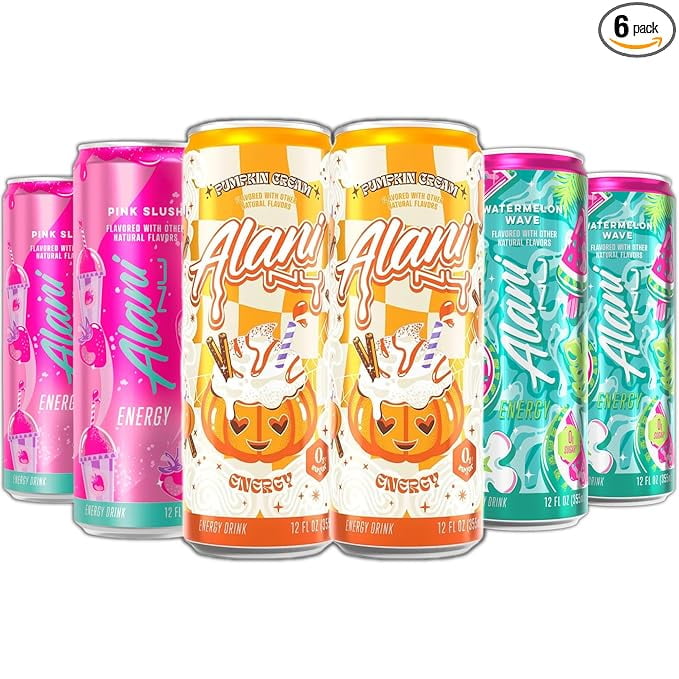 New  Energy Drinks Pumkin Cream, Watermelon Wave, Pink Slush - Limited Edition Flavors - Variety Pack, Sugar-Free, Low-Calorie, 200mg Caffeine, Energy Boost Drink 12 fl oz (Pack of 6)