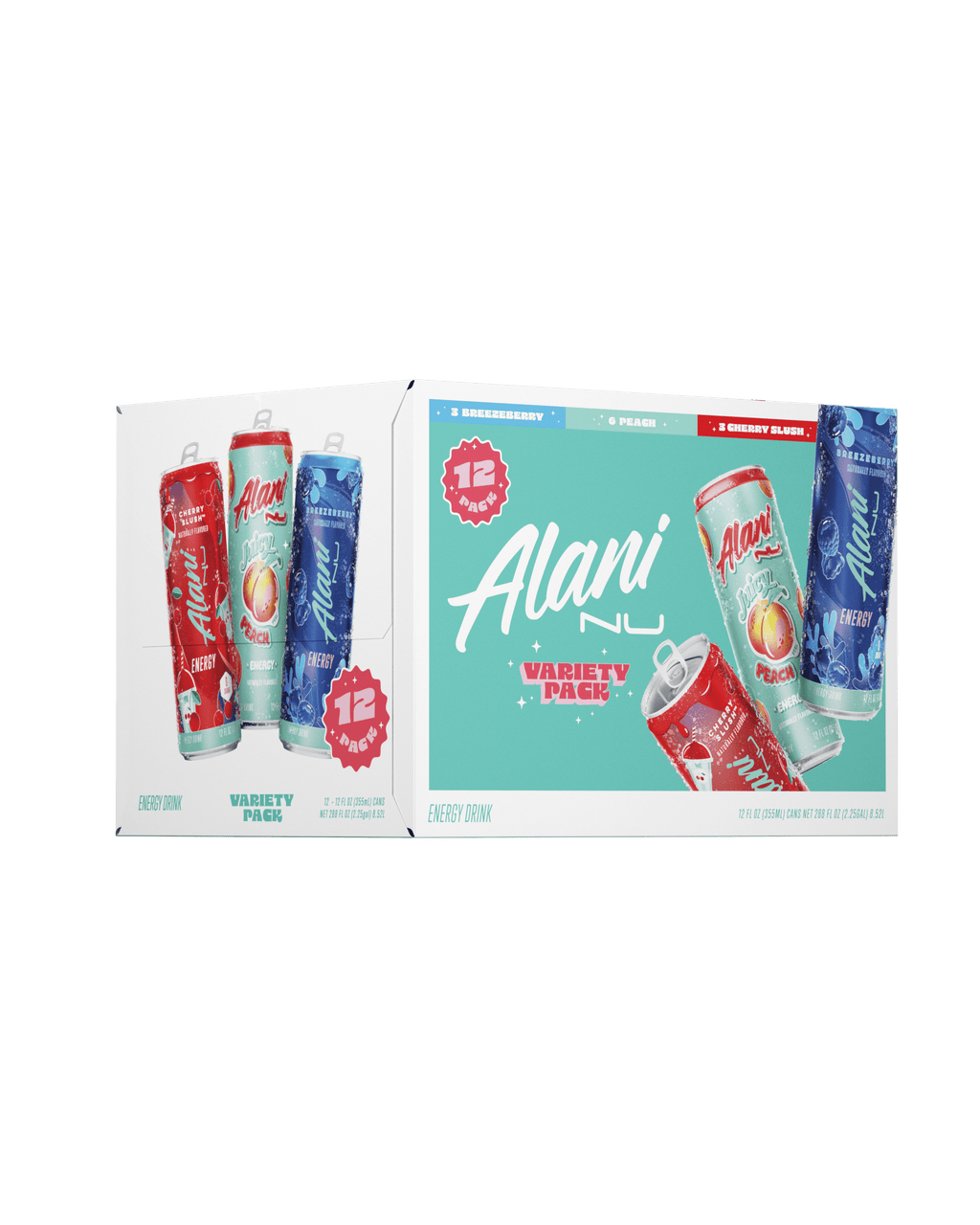 Sugar-Free Energy Drink, 12 Pack Variety of 12 fl oz Cans, Juicy Peach, Cherry Slush, Breezeberry (Pack of 12)