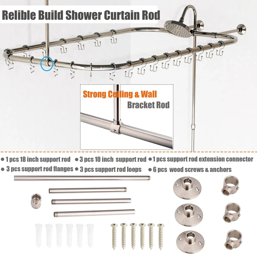 Clawfoot Tub Shower Kit, Add On Shower Units With Bathcock Diverter Faucet and 48" X 27“ Rectangular Claw foot Tub Shower Curtain Rod Kit,Claw foot Tub Shower Faucet Set,Brushed Nickel