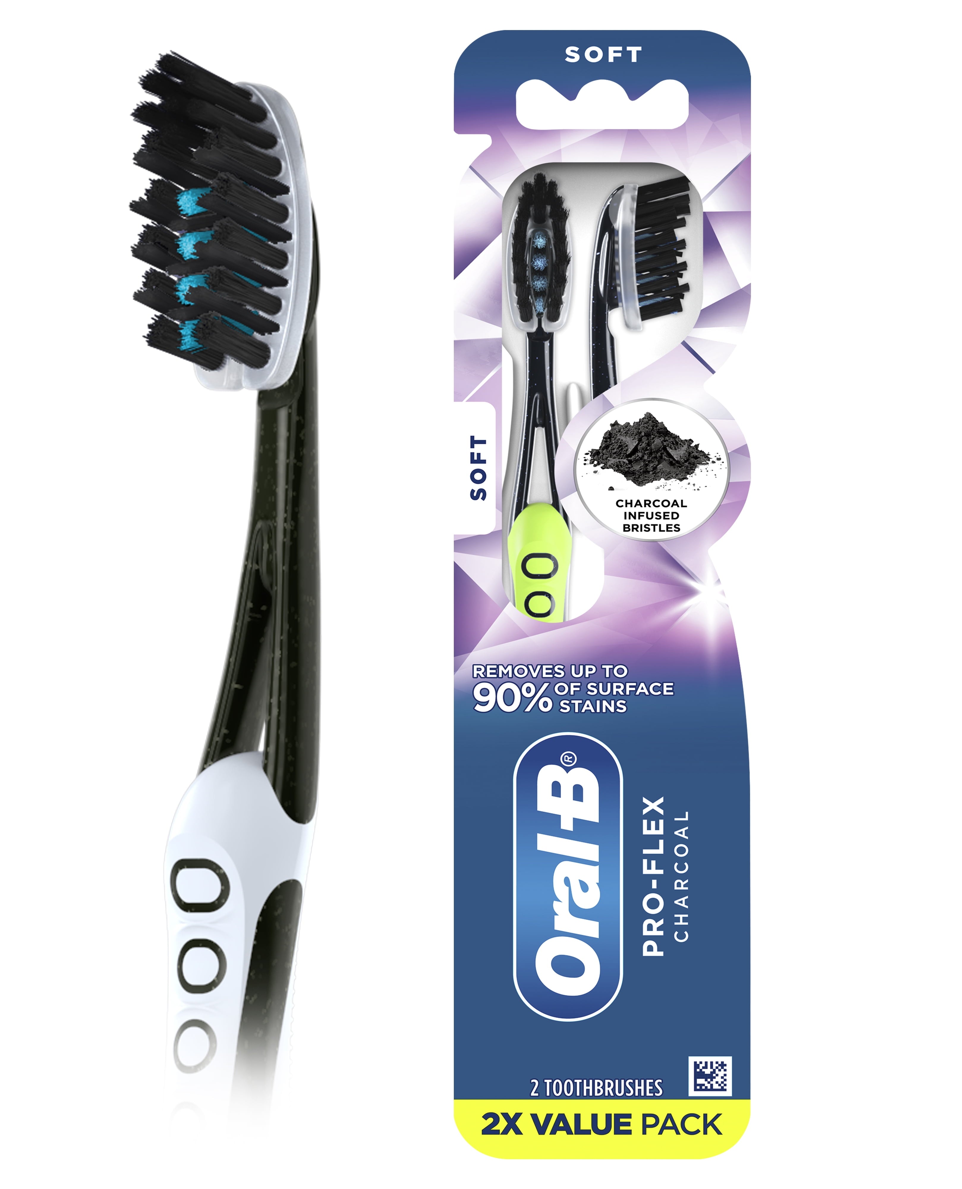 Pro-Flex Charcoal Manual Toothbrush, Adult, Soft Bristle, 2 Count