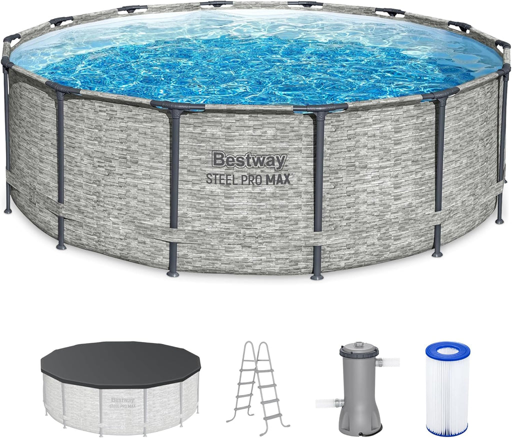 Above Ground Swimming Pool w/ Pump, Cover, & Ladder, 14' x 48", Steel Pro MAX, Gray - Backyard Outdoor Round Pool w/ Filter, 42-Inch Deep Water