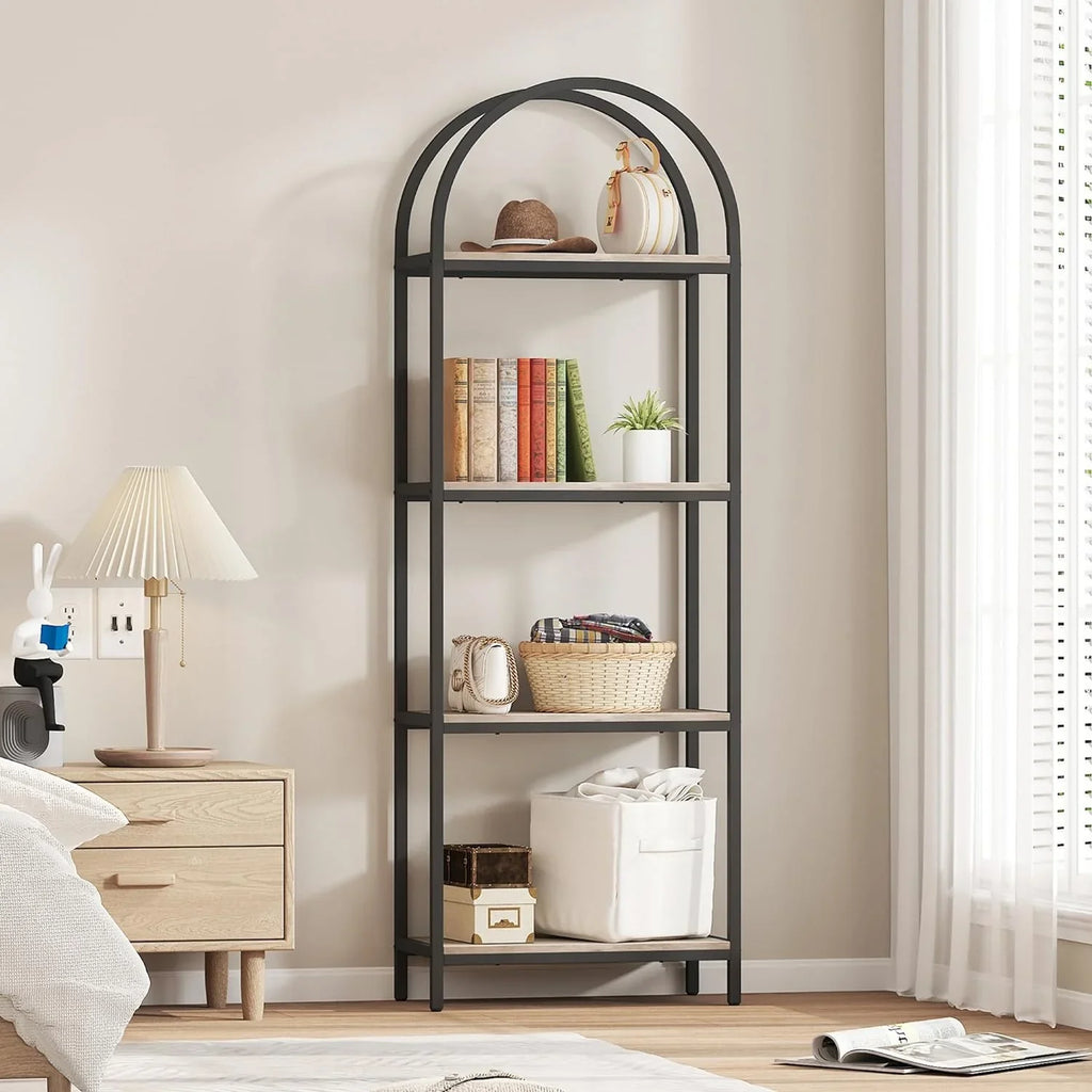 Yusong Bookshelf Rattan Arched Bookcase, 74" Tall Industrial Open Book Shelves for Living Room, Modern Freestanding Boho 5 Tier Display Storage Rack with Metal Frame, Office, Bedroom, Burlywood