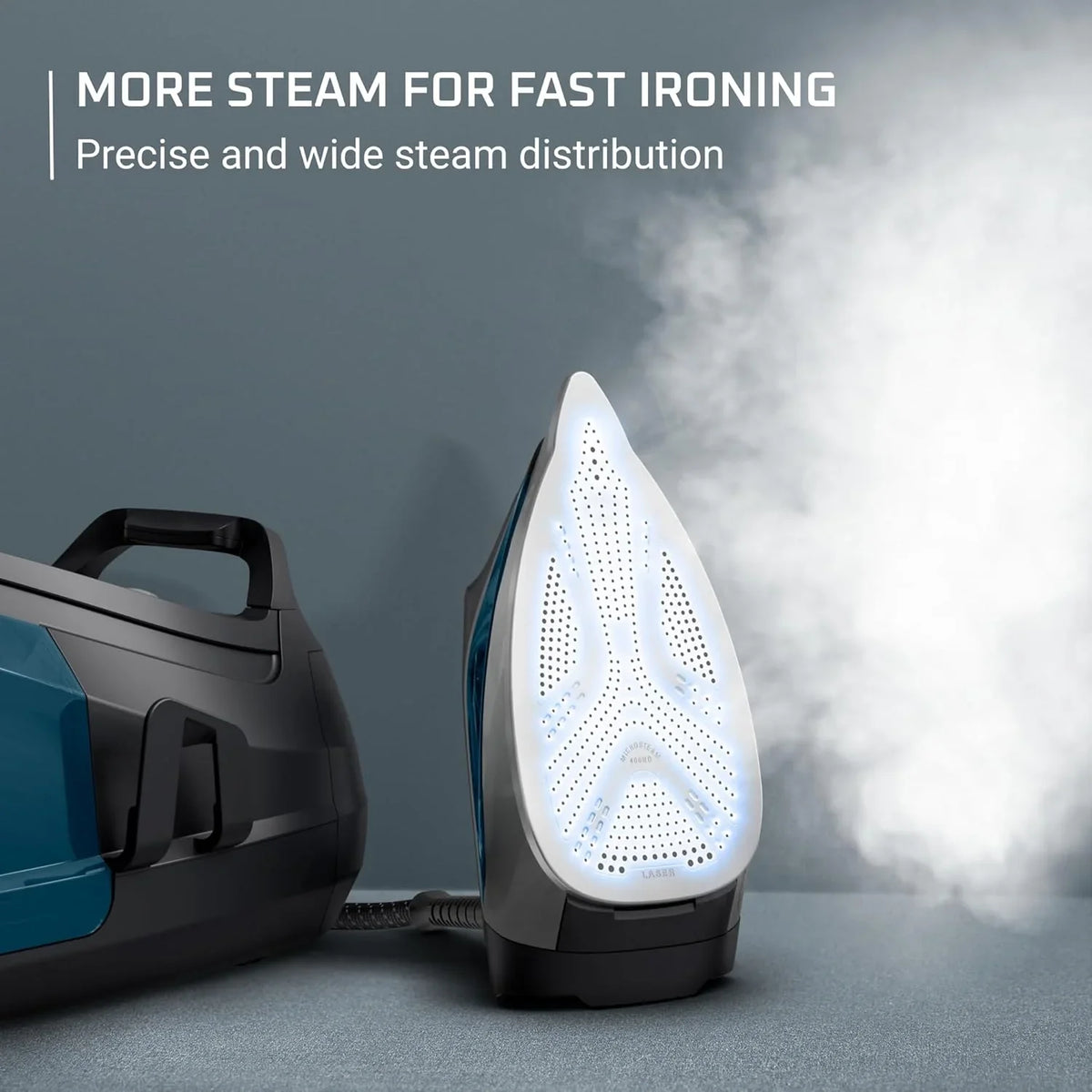 Professional steam laundry device with stainless steel base plate, 1.1-liter detachable water tank, quick heating, 1800-watt power, blue fabric steam iron