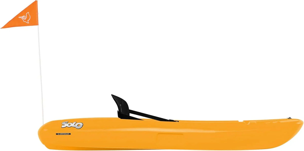 Pelican Solo EVO DLX - Kids Sit on top Kayak with Paddle and Decals - Mango - Twin Tunnel Hull with Swim up Deck - Lighweight & Durable