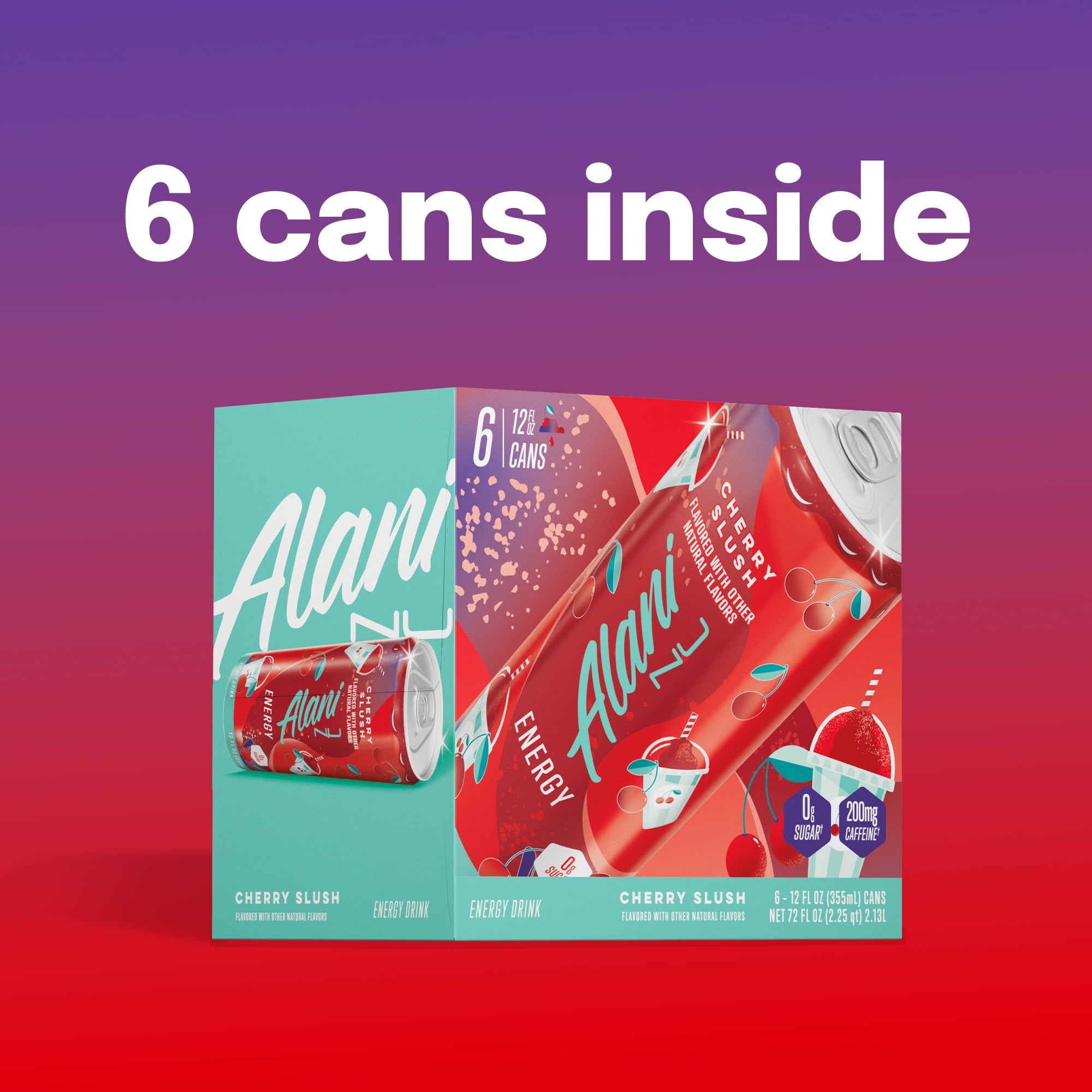 Sugar Free Energy Drink, Cherry Slush, 12 fl oz, 6 Pack, Cans, 200mg Caffeine