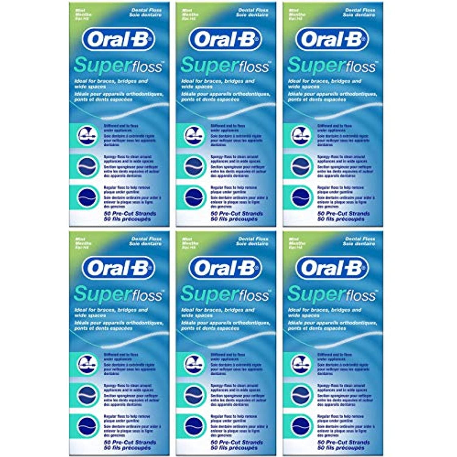 Super Floss Mint.... Dental Floss for.. Braces.. Bridges -.. 50 Strips.. (Pack.. of 6)