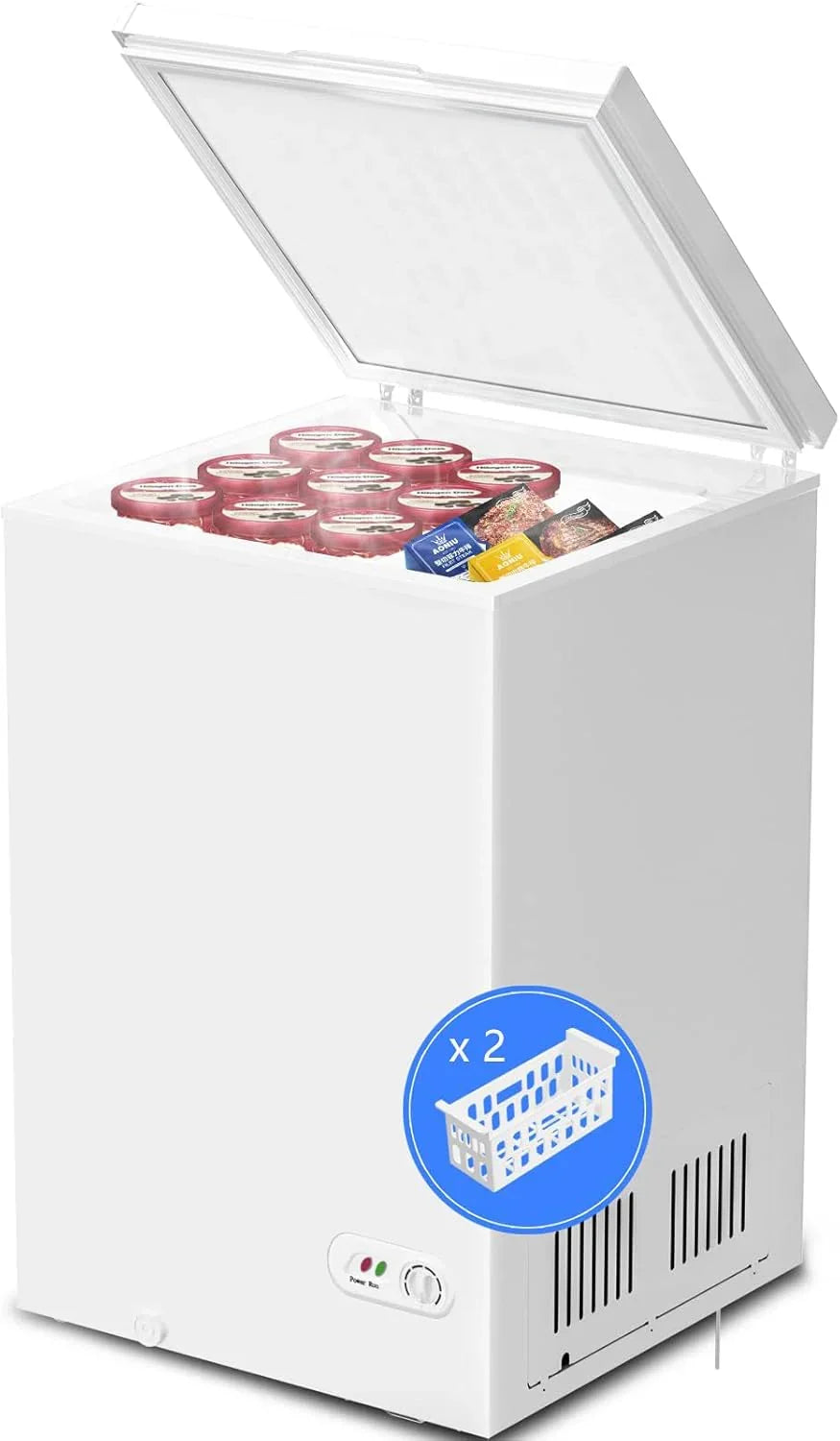 3.5 Cubic Feet Chest Freezer with 2 Removable Baskets Free Standing Top Open Door Compact Freezer with Adjustable Temperature for Home/Kitchen/Office/Bar (3.5 Cubic Feet, White)