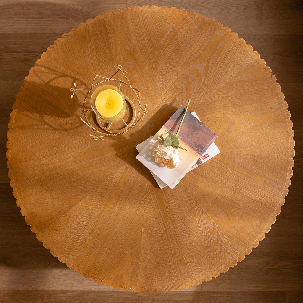 35" Contemporary Round Coffee Table, Coffee Tables Blending Traditional Decor, Solid Wood Center Table for Living Room, Natural