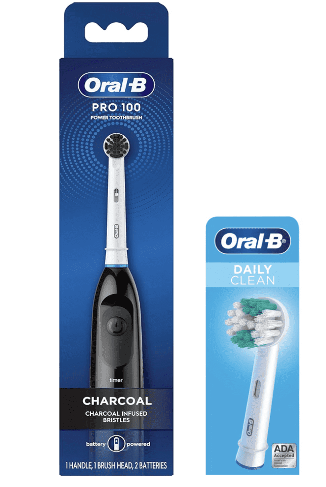 Pro 100 Battery Electric Toothbrush, Charcoal Black, Includes 1 Daily Clean Replacement Brush Head Includes 2 batteries