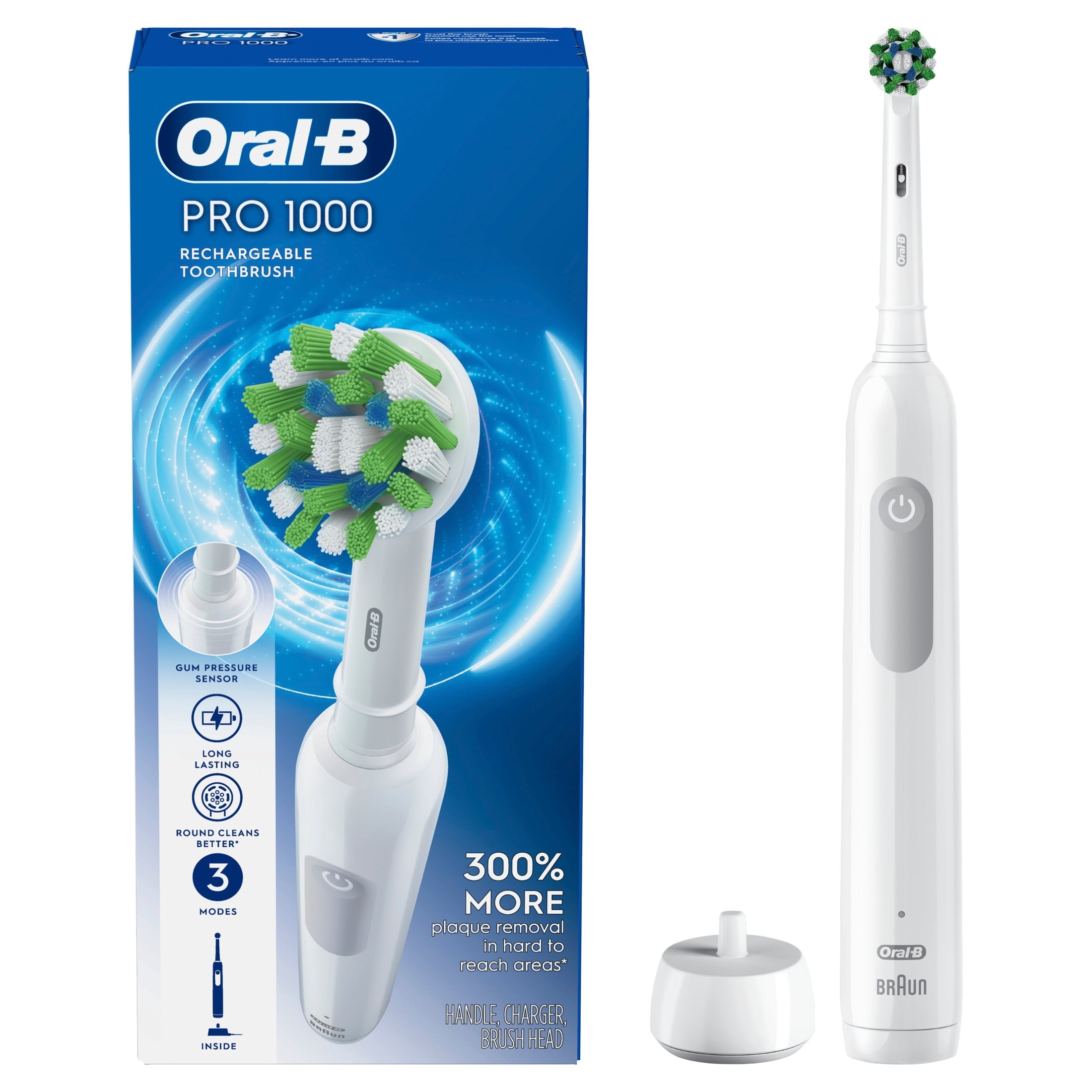 Toothbrush, Pro 1000 Rechargeable Electric Toothbrush, White, 1 Count, Adults and Children 3+