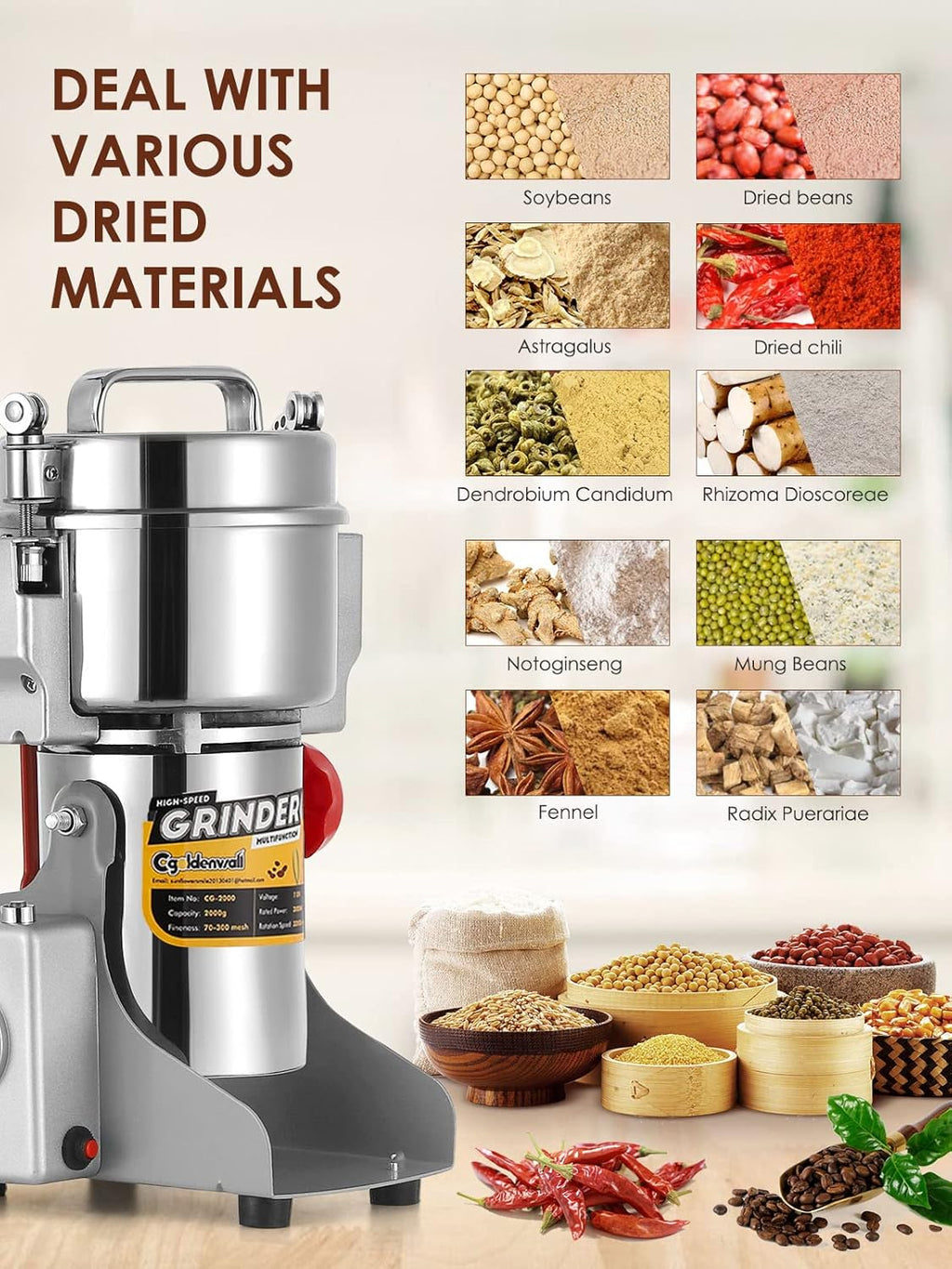 Electric Grain Grinder - Safety Enhanced Version 3600 watts - High-speed Spice and Herbal Grinder - Commercial-grade Ultra-fine Machine - Dry Grain Crusher - CE 110V (2500 grams swing type)