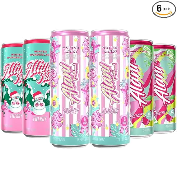 New  Energy Drinks, Cotton Candy, Winter Wonderland, Cherry Twist Variety Pack Sugar-Free, Low-Calorie, Energy Boost Drink 12 fl oz (Pack of 6)