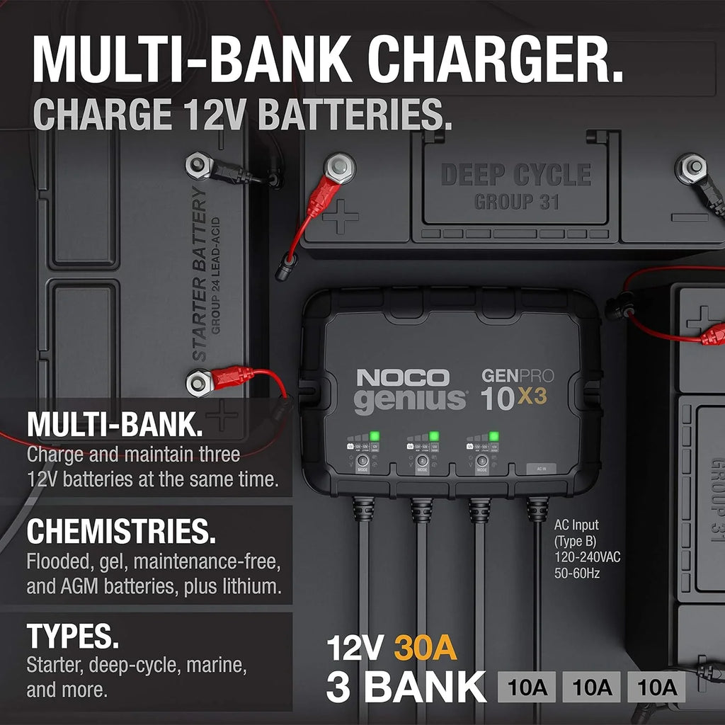 Three sets of batteries, 30-ampere built-in battery charger - Each set consists of 10-ampere, 12-volt waterproof marine charger, featuring overcharge protection and temperature compensation functions - Suitable for lead-acid batteries and lithium bat