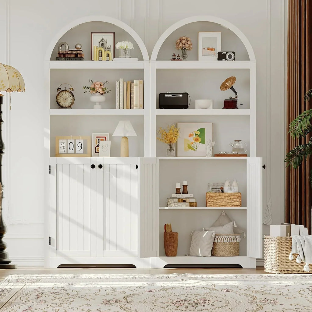 72'' Tall Farmhouse Bookcase, 5 Tier Arched Bookshelf with Double Doors & Adjustable Shelf, Display Storage Shelves, for Bedroom, Living Room, Home Office