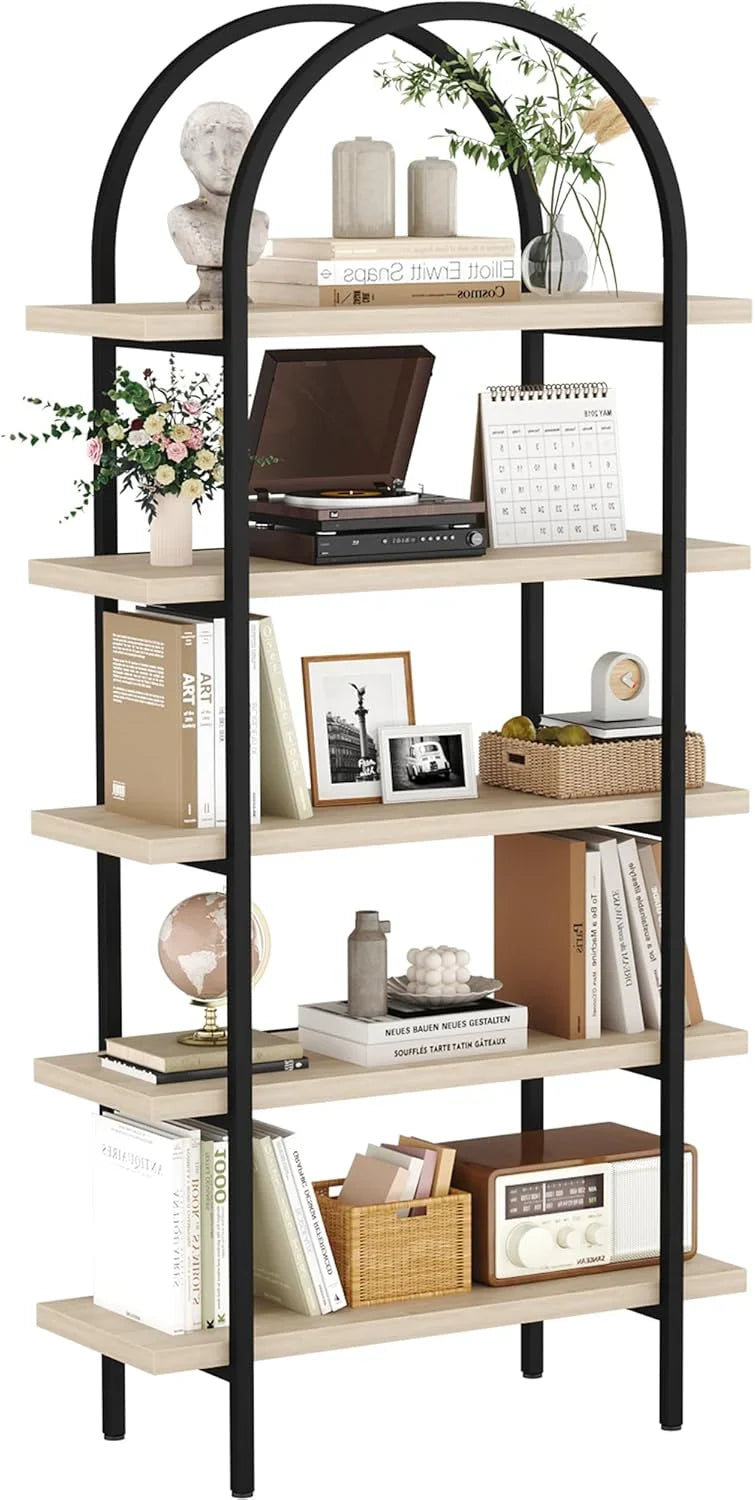 Yusong Bookshelf Rattan Arched Bookcase, 74" Tall Industrial Open Book Shelves for Living Room, Modern Freestanding Boho 5 Tier Display Storage Rack with Metal Frame, Office, Bedroom, Burlywood