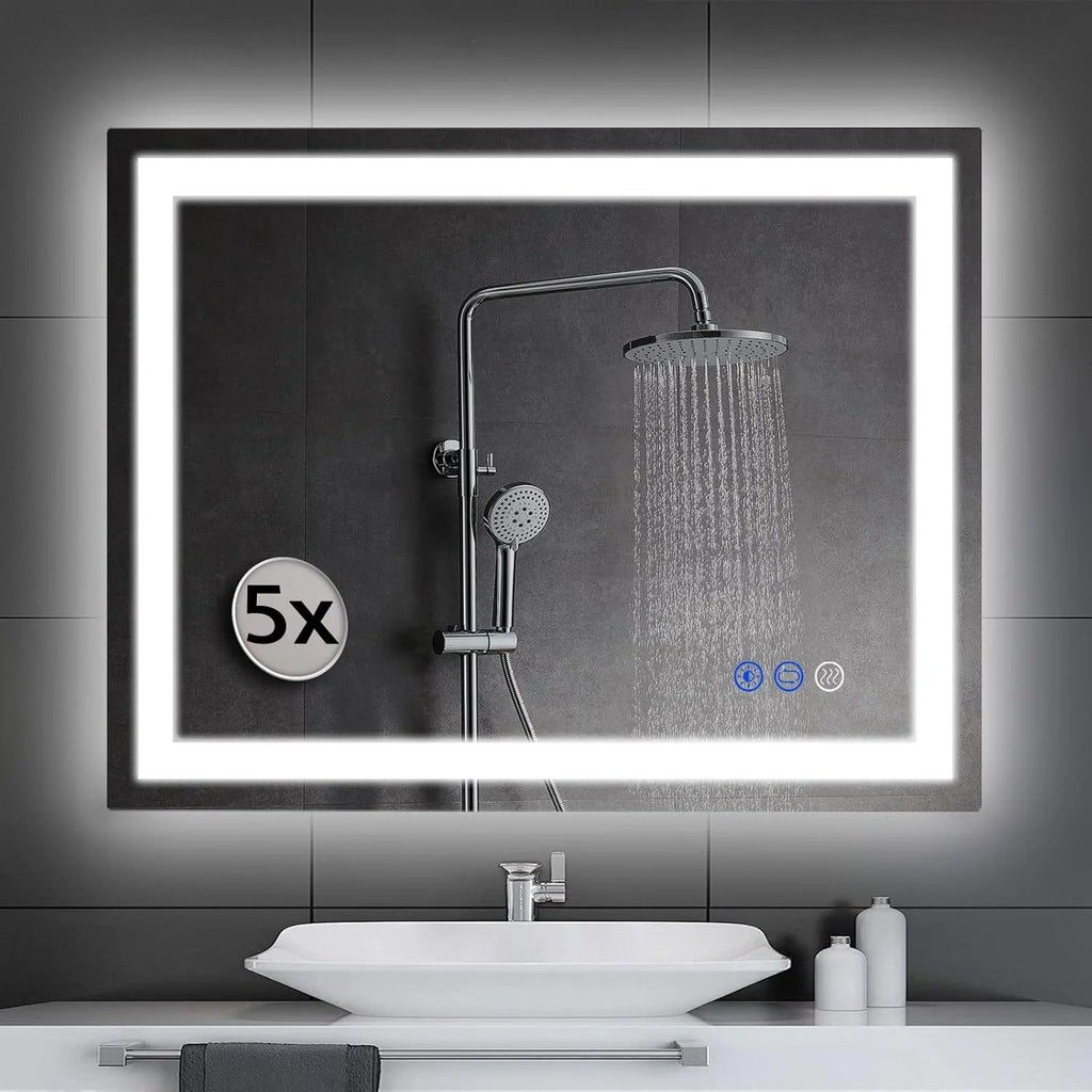 LED wall-mounted makeup mirror with lights - suitable for wall-mounted large makeup tables. Features intelligent touch buttons, anti-fog, water resistance, adjustable dimming, color adjustment, and magnifying glass function.