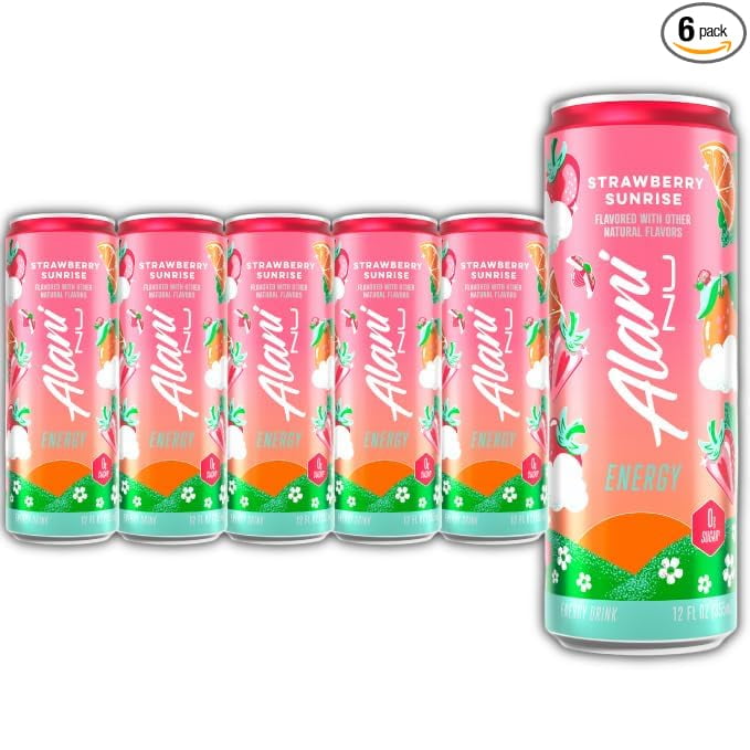 New  STRAWBERRY SUNRISE Sugar Free, Low Calorie Energy Drinks, 200mg Caffeine, 12 Fl Oz Cans, 6 Pack