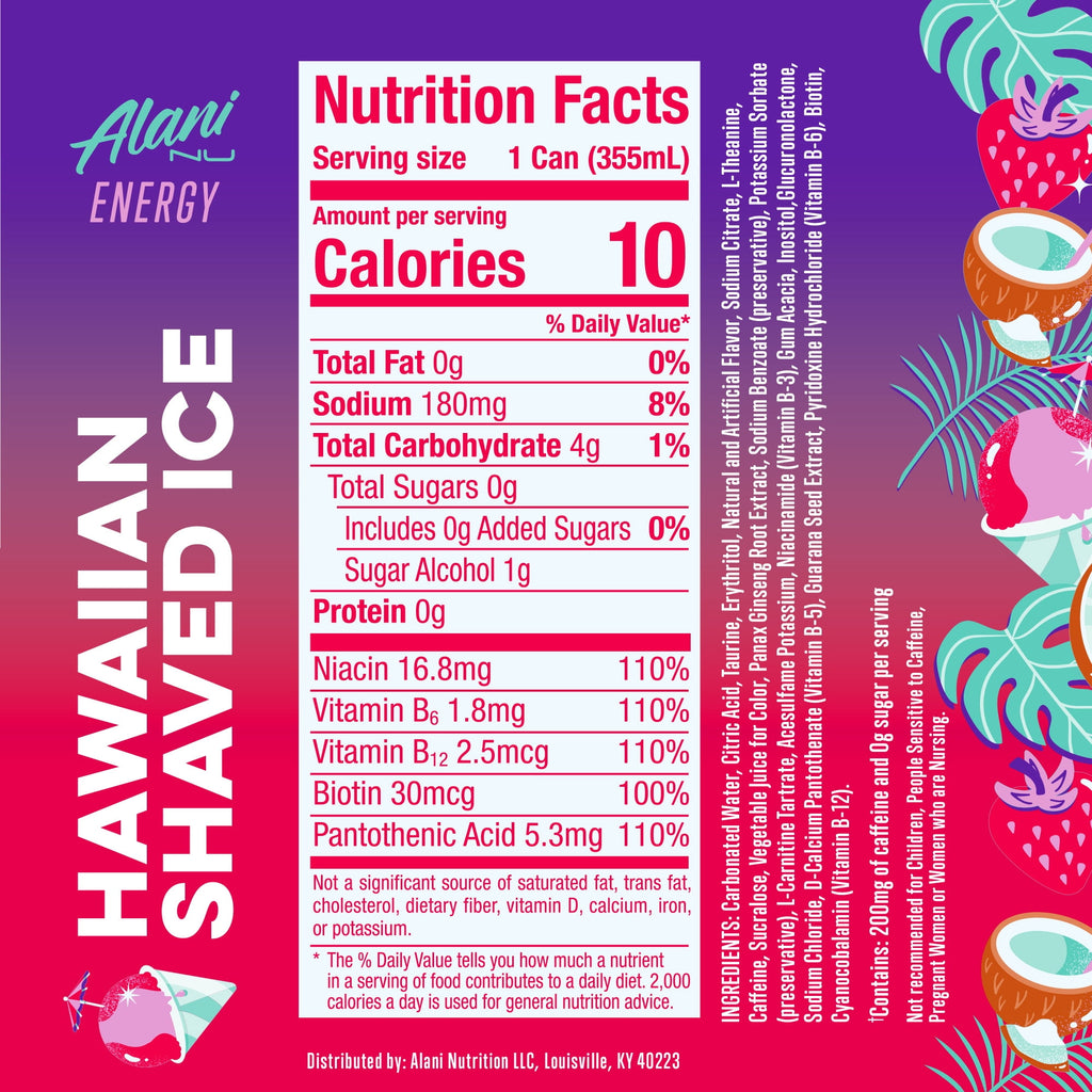 Sugar Free Energy Drink, Hawaiian Shaved Ice, 12 fl oz, 12 Pack, Cans, 200mg Caffeine