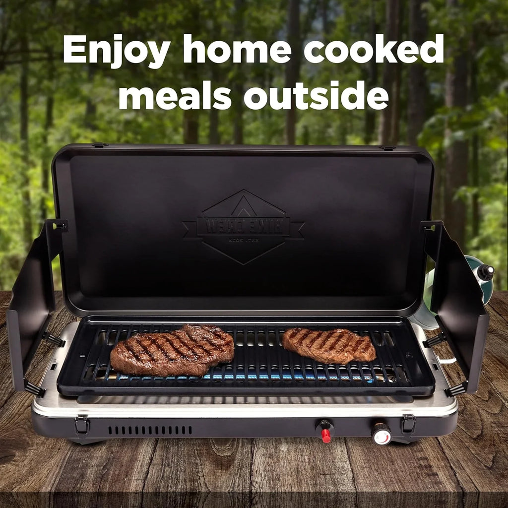 Gas camping barbecue grill | 13,000 watts | Portable liquefied gas burner | Foldable legs and feet | Integrated igniter and built-in regulator (with stainless steel drip tray) | Windproof panel and built-in handle