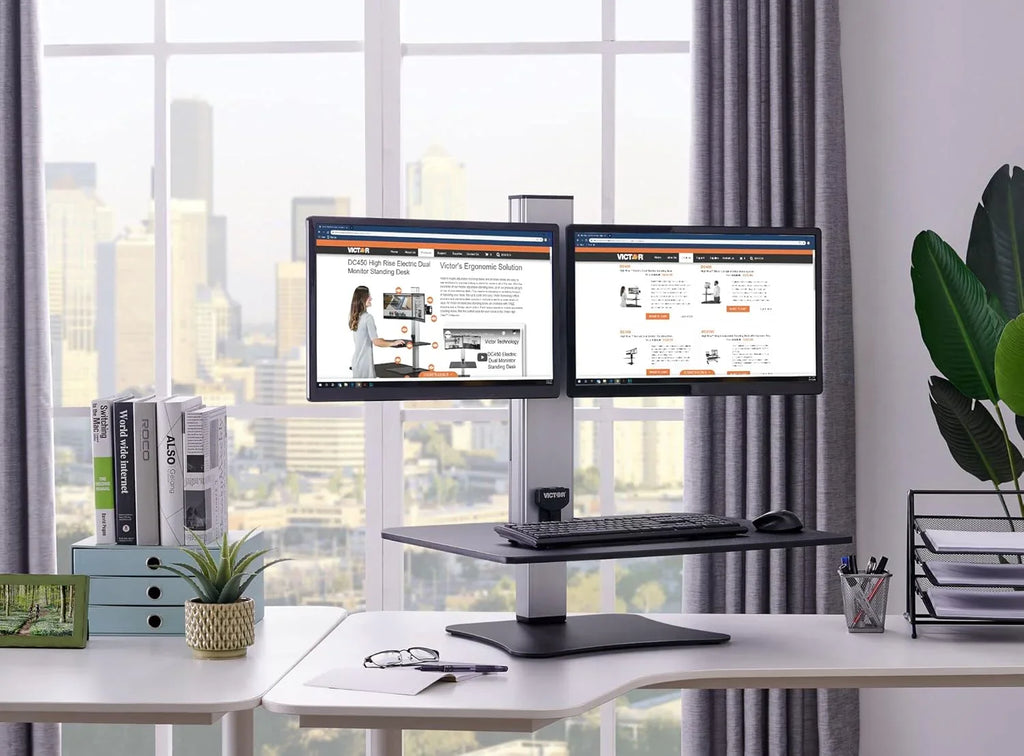 High-position electric triple monitor adjustable desk | Sit-stand dual-purpose work desk for three screens | 28-inch wide work surface | Compatible with any standard desktop | Adjustable monitor stand