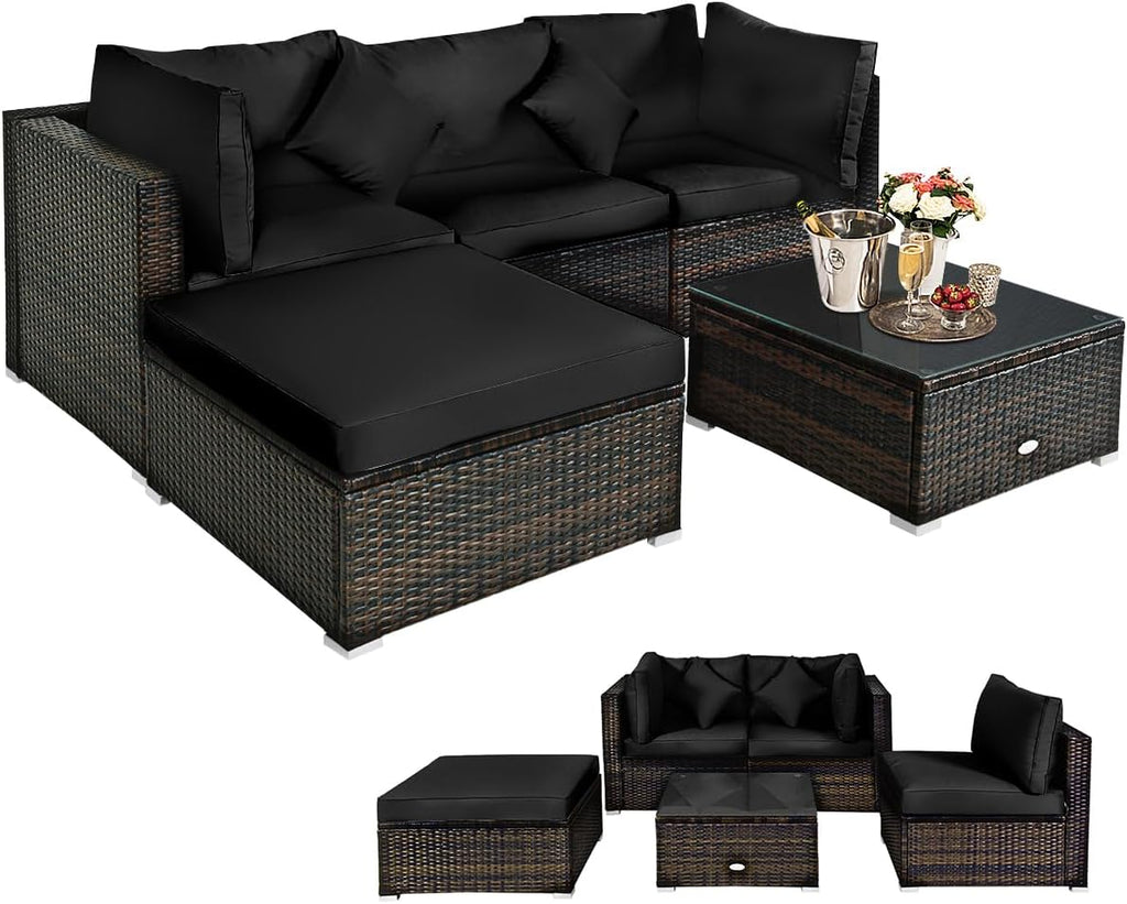 5 pieces of outdoor patio furniture, L-shaped rattan three-seater sofa with tempered glass coffee table, footstool, 3 single chairs, rattan outdoor party set, suitable for backyard, porch, balcony, black version