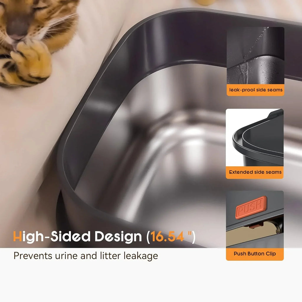 Stainless steel litter box, three-in-one enclosed high-sided litter box, equipped with a high lid, suitable for cats, anti-stick, anti-leak, easy to clean, with a scoop and filter step.