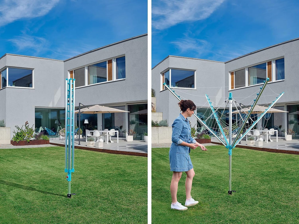 Simple drying machine, extendable by 50 meters to maintain cleanliness, made of fully rust-free aluminum material, with a shaft diameter of 3.28 meters and a maximum length of 2.03 meters. It has a pull-out rotating clothes drying rack, emerald green