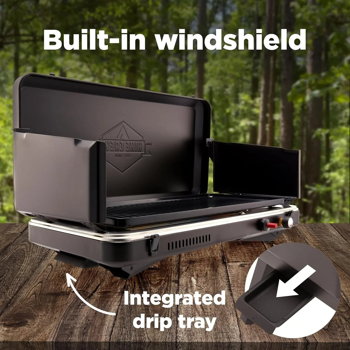 Gas camping barbecue grill | 13,000 watts | Portable liquefied gas burner | Foldable legs and feet | Integrated igniter and built-in regulator (with stainless steel drip tray) | Windproof panel and built-in handle
