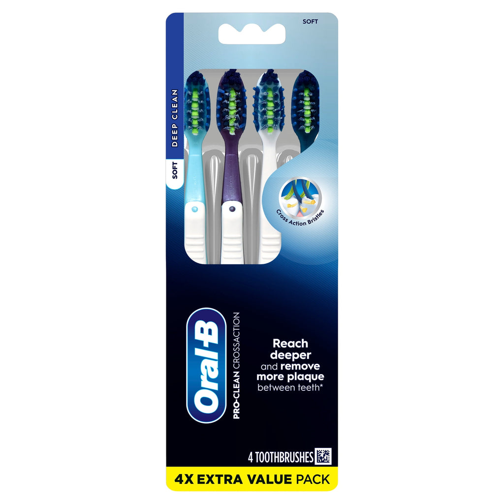 Toothbrush Pack, Pro-Clean CrossAction Plaque Removal Manual Toothbrush, Soft Bristles, 4 Count