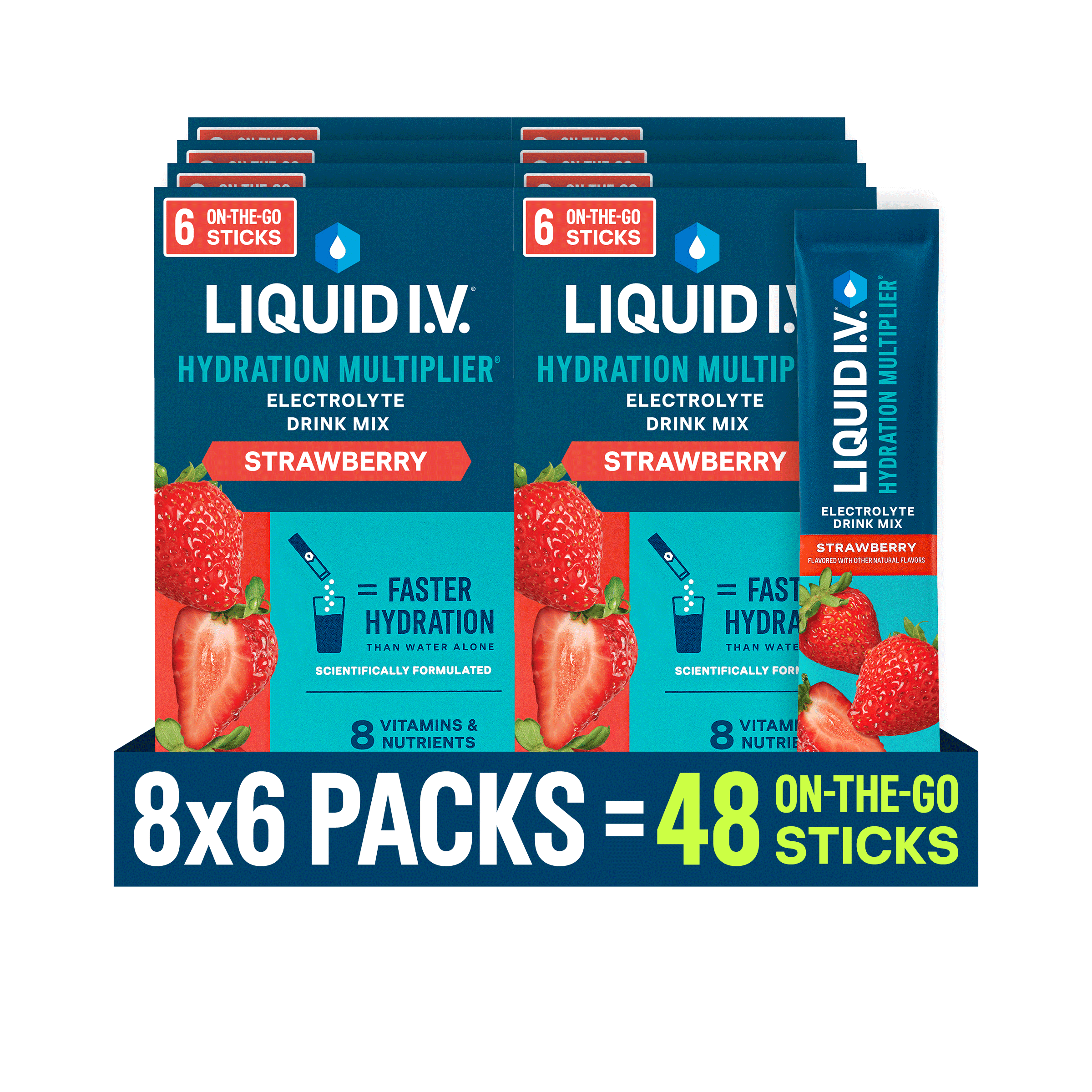 (8 pack) Liquid I.V. Strawberry Hydration Multiplier Powdered Electrolyte Drink Mix, 6 Count Packets